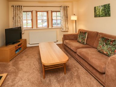 A living room with a brown sofa and patterned cushions a wooden coffee table a television on a wooden stand and a floor lamp at Stewart House in Wooler