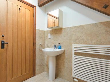 A bathroom with a wooden door a pedestal sink a mirror cabinet and a white radiator at The Warren in Bamburgh
