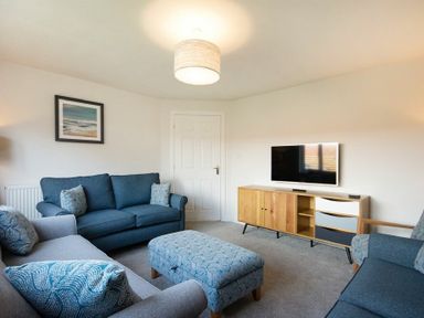 A living room with blue sofas a patterned ottoman a wooden TV stand and a framed picture on the wall at Luna Tide in Seahouses