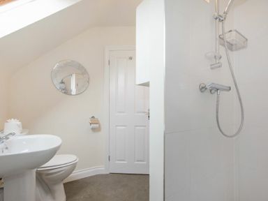 A bathroom with a sink toilet wall mirror and shower at The Old Concert Room in Alnmouth