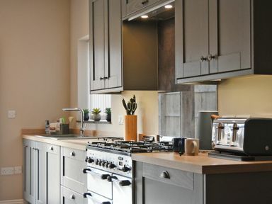 A kitchen with gray cabinets a stovetop a sink a toaster and mugs on the counter at Bradacar in Seahouses