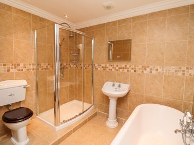 A bathroom with a shower enclosure toilet pedestal sink and bathtub at The Old Stables in Bamburgh