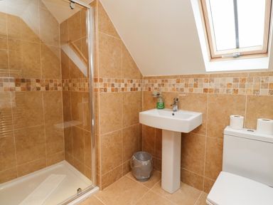 A bathroom with a shower enclosure sink with soap and a toilet under a skylight window at The Old Stables in Bamburgh