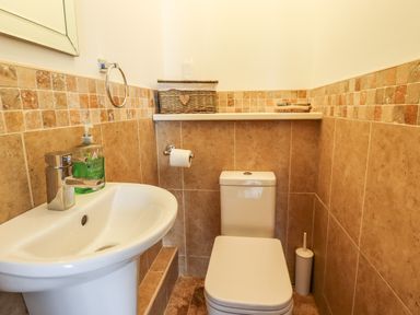 A small bathroom with a white sink soap dispenser toilet and toilet brush at The Old Stables in Bamburgh