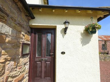 A wooden front door with glass panels on a stone and white wall exterior with a wall lamp and hanging flower pot at Dairyman's Cottage in Amble