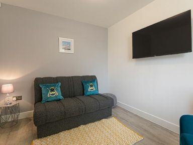 A small living room with a dark gray sofa with bee pillows a side table with a lamp a wall-mounted television and a yellow patterned rug at Coastal View in Seahouses
