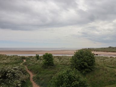 A coastal landscape with sand dunes grass shrubs and a sandy beach at Five Bells Cottage in Alnmouth