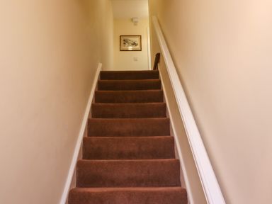 A carpeted staircase with brown steps leading to a hallway with a picture on the wall at Creel Cottage Blackwood Street in Amble