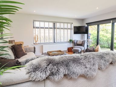 A living room with large windows a gray armchair a wall mounted television and a sofa with a gray fur throw at Willow in Beadnell