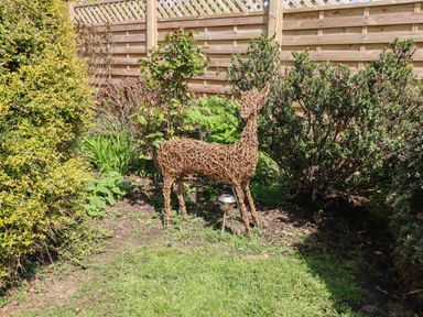 A garden with shrubs and a wicker deer sculpture near a wooden fence at Willow in Beadnell