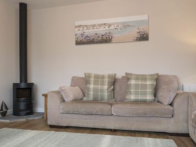 A living room with a beige sofa with plaid cushions a wood burning stove and a painting above the sofa at Southfield Lodge in Seahouses