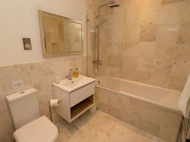 A bathroom with a sink, toilet, bathtub, shower, and mirror at Treetops, Alnwick