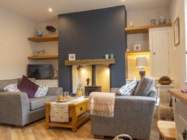 A living room with two gray sofas around a wooden coffee table and a dark blue fireplace at Wisteria Cottage in Warkworth