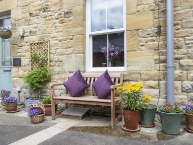A wooden bench with purple cushions outside a stone building with several flowerpots and a window with flowers inside at Wisteria Cottage in Warkworth