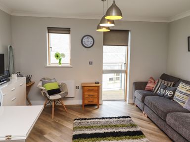 A living room with a gray sofa and patterned cushions a striped rug two windows a wall clock and a white table at Puffin View in Seahouses