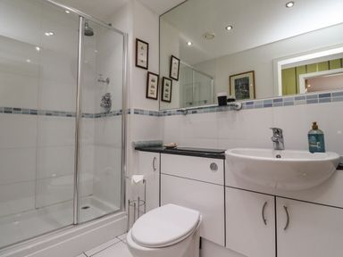 A bathroom with a shower enclosure toilet sink and mirror at Puffin View in Seahouses