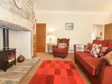 A living room with a wood burning stove a fireplace a red sofa and armchair with cushions a red checkered rug and a wooden door at Willow Cottage in Lesbury