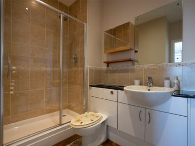 A bathroom with a shower enclosure toilet with a decorated lid and a sink with a cabinet and mirror at Keildon in Seahouses