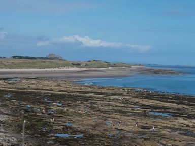 A rocky shoreline with people walking near the water and a castle in the distance at Keildon in Seahouses