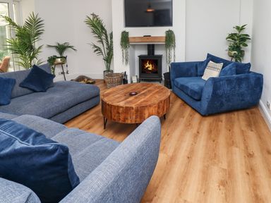 A living room with blue sofas a round wooden coffee table a fireplace and several potted plants at Muscle Shoals in Seahouses