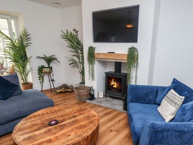 A living room with a wood stove under a wall-mounted TV and blue sofas at Muscle Shoals in Seahouses