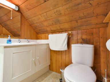 A bathroom with a toilet a white cabinet with a sink hand soap a towel on a wooden wall at Sandpiper Cottage Low Newton-by-the-Sea