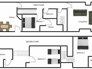 A floor plan showing first floor with kitchen dining area bedroom bathroom shower and living room and second floor with bathroom bedroom three with two single beds and bedroom two with one double bed at Grange Cottage in Alnmouth