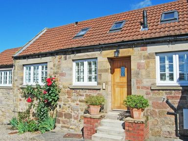 Front exterior of a stone cottage with a wooden door red flowers and potted plants on steps at Martins Cottage in Alnmouth