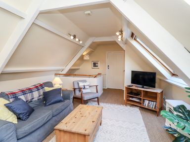 A living room with a sofa a chair a wooden coffee table a TV on a wooden stand and a skylight window at Coach House (Alnmouth) in Alnmouth