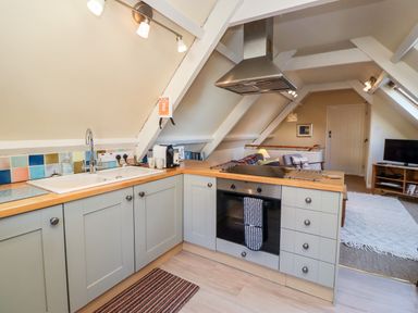 A kitchen with grey cabinets wood countertops a stove and sink with a living area with a television and sofa in the background at Coach House Alnmouth