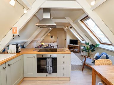 A kitchen and living area with cabinets stove and a television under skylight windows at Coach House in Alnmouth