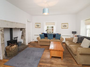 A living room with two beige sofas a wooden coffee table a gray rug and a stone fireplace at Avocet Cottage in Bamburgh