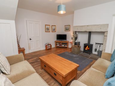 A living room with two sofas a wooden coffee table a wood burning stove and a television at Avocet Cottage in Bamburgh