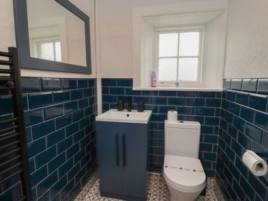 A bathroom with a toilet a sink with a cabinet and mirror and blue tiled walls at Avocet Cottage in Bamburgh