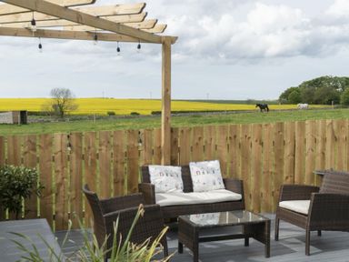 An outdoor seating area with wicker furniture cushions and a glass table under a wooden pergola with string lights and a wooden fence with fields and horses in the background at Sea Croft in Beadnell