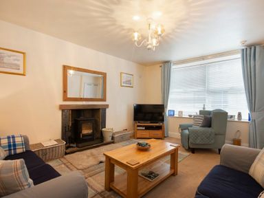 A living room with armchairs a coffee table a television and a fireplace at Lobster Pot Cottage in Seahouses