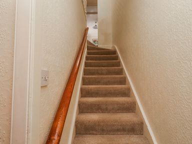 A staircase with carpet and a handrail at Hardys House in Alnwick