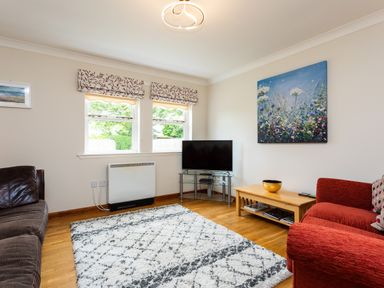 A living room with a red sofa brown sofa a television on a glass stand a wooden coffee table and a floral painting on the wall at The Apartment in Bamburgh