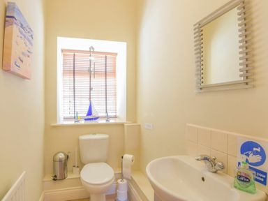A small bathroom with a toilet sink mirror and window at Lavender Cottage Village Farm in Seahouses