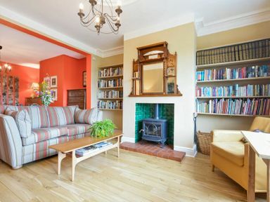 A living room with striped sofa coffee table plants wood stove and bookshelves at Estuary View in Alnmouth