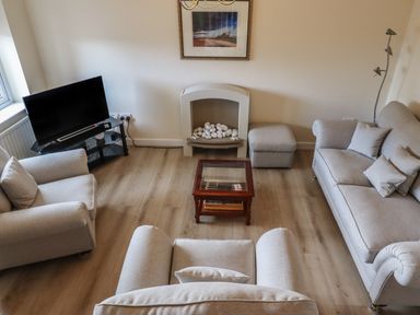 A living room with beige sofas a glass coffee table a television on a stand a decorative fireplace and a floor lamp at Sandy Shores in Seahouses
