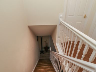 A staircase with white railing and brown carpet leading down to a hallway with a coat rack and a potted plant at Sandy Shores in Seahouses