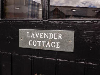 A nameplate on the door of Lavender Cottage in Alnwick