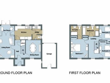 Floor plan showing ground floor with living room sun room kitchen utility dining room hall and garage and first floor with three bedrooms landing bathroom and en suite at Smithy Court in Craster