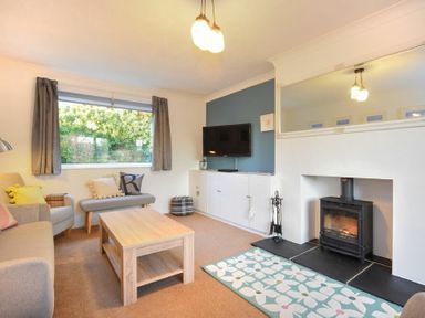 A living room with a sofa, armchair, coffee table, fireplace, television, and a window at Barmoor in Embleton