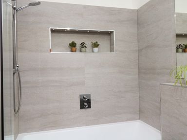 A bathroom shower with built-in shelf holding three potted plants and a handheld showerhead at Lapwing Cottage in Bamburgh
