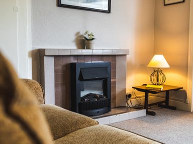 A fireplace with a flowerpot on the mantel a lamp and book on a side table and part of a sofa in a living room at Bilton Farm Cottage No2 Alnmouth