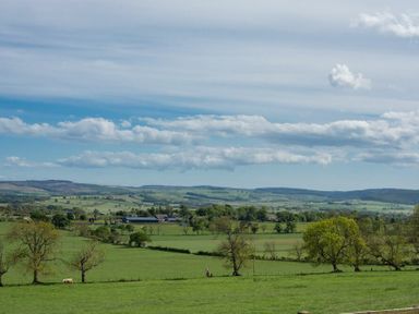 A rural landscape with fields, trees, and hills under a partly cloudy sky at The Bolthole in Eglingham