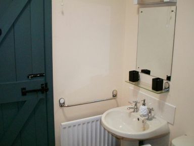 A bathroom with a sink mirror towel rail radiator and a blue wooden door at Swallow Cottage nr Powburn in Powburn