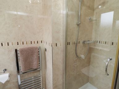A bathroom with a shower enclosure with glass door a hand towel on a heated towel rail and a toilet paper holder at Assisi Apartment in Alnmouth